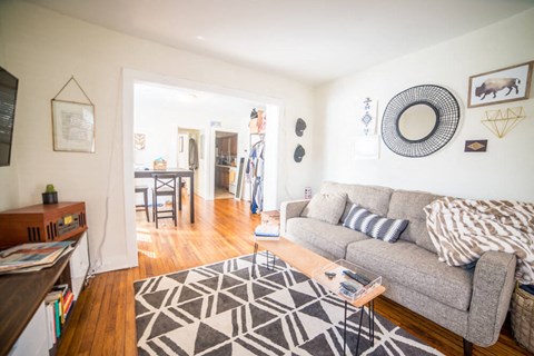 a living room with a couch and a rug