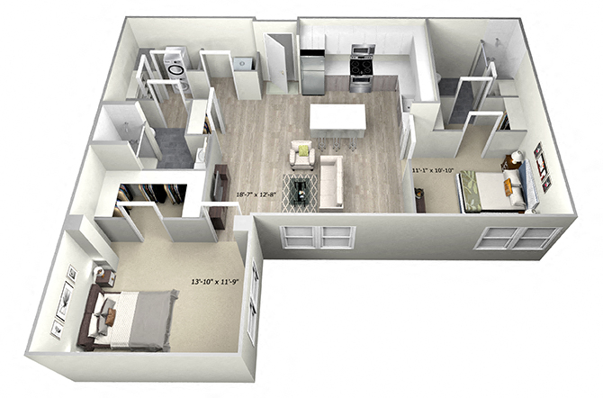 2 Bed 2 Bath TrubD Floor Plan at 735 Truman, Massachusetts