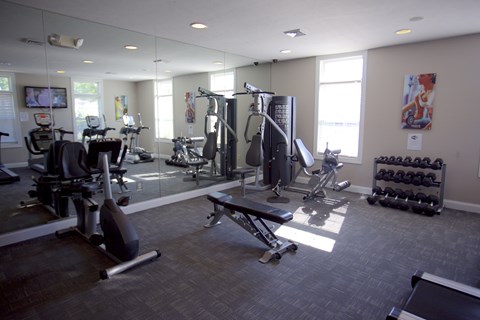 a gym with cardio equipment and mirrors in a building