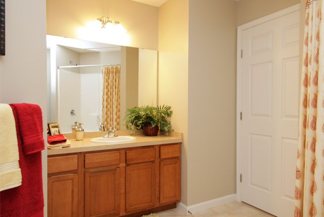 a full view of a bathroom with a sink and a mirror