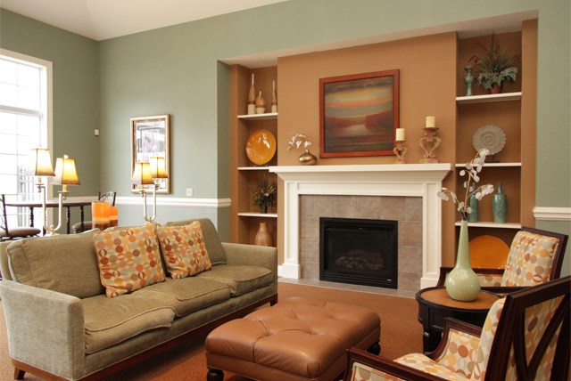 a living room with a fireplace and a couch