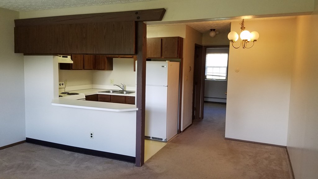 a view of a kitchen from the living room with the door open
