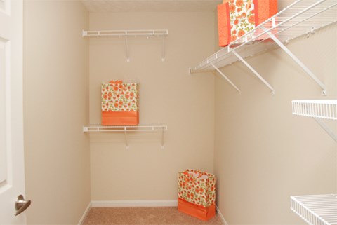 a closet with two shelves and a closet door with a closet