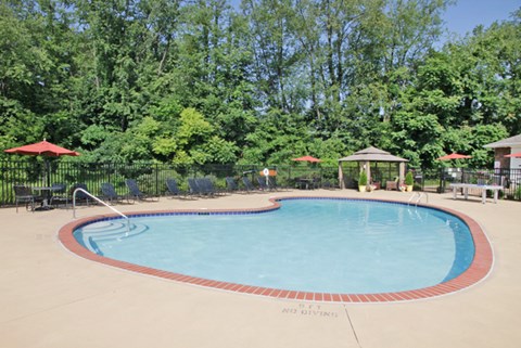 a resort style pool with trees in the background