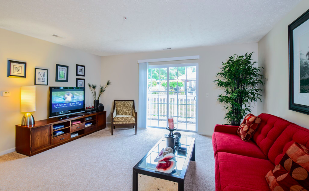 a living room with a red couch and a television