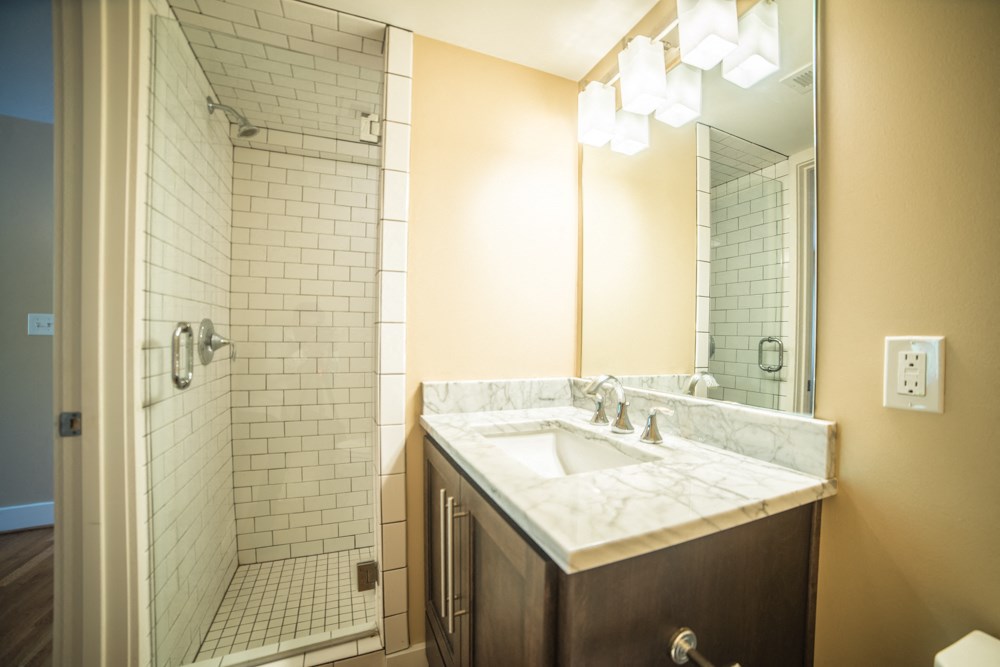 a bathroom with a sink and a shower and a mirror