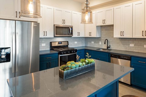 a kitchen with blue and white cabinets and stainless steel appliances