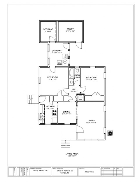 A floor plan of a home with a living area, two bedrooms, a study, a laundry room, and a storage area.