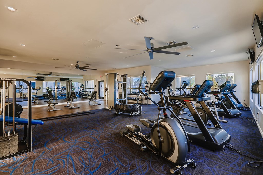 a gym with treadmills and other exercise equipment