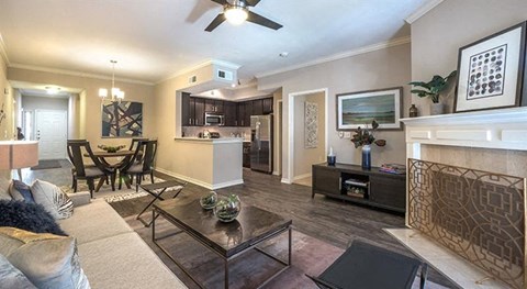 a living room with a couch and a table