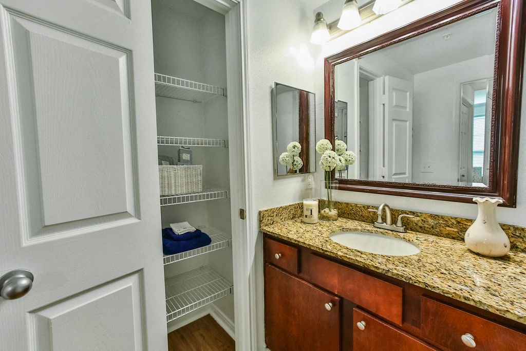 a bathroom with a sink and a mirror