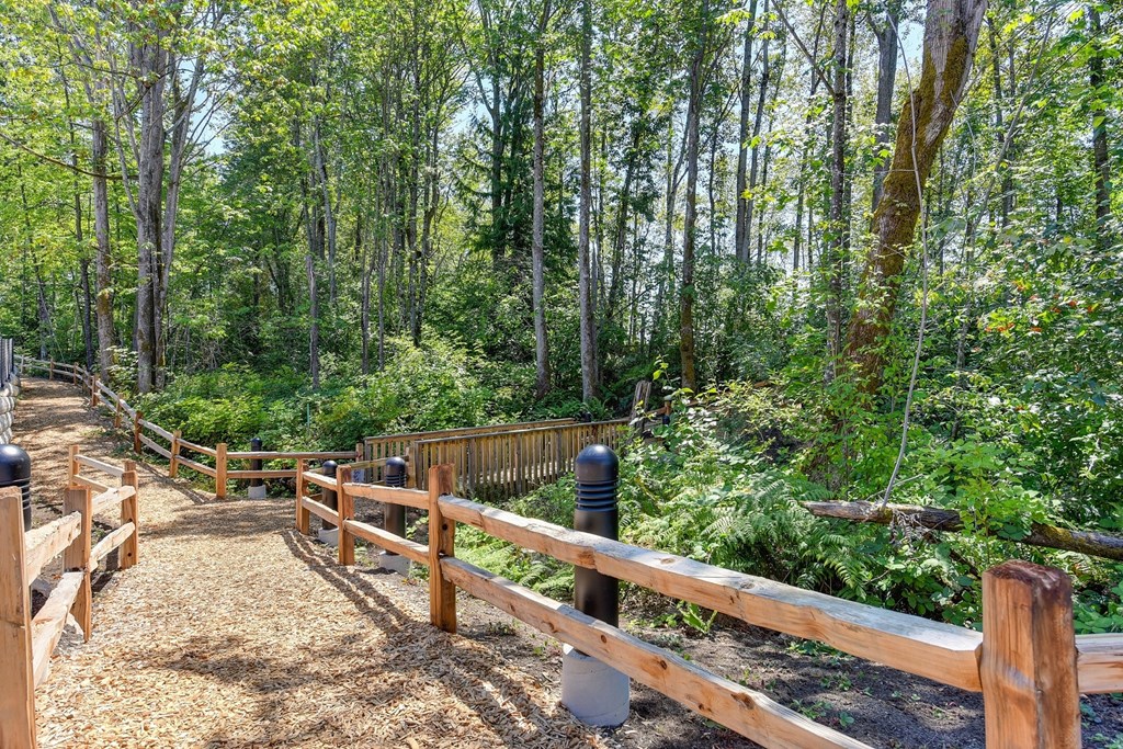 Walking Trail with Wood Chip Ground, Trees, and Wooden Fence