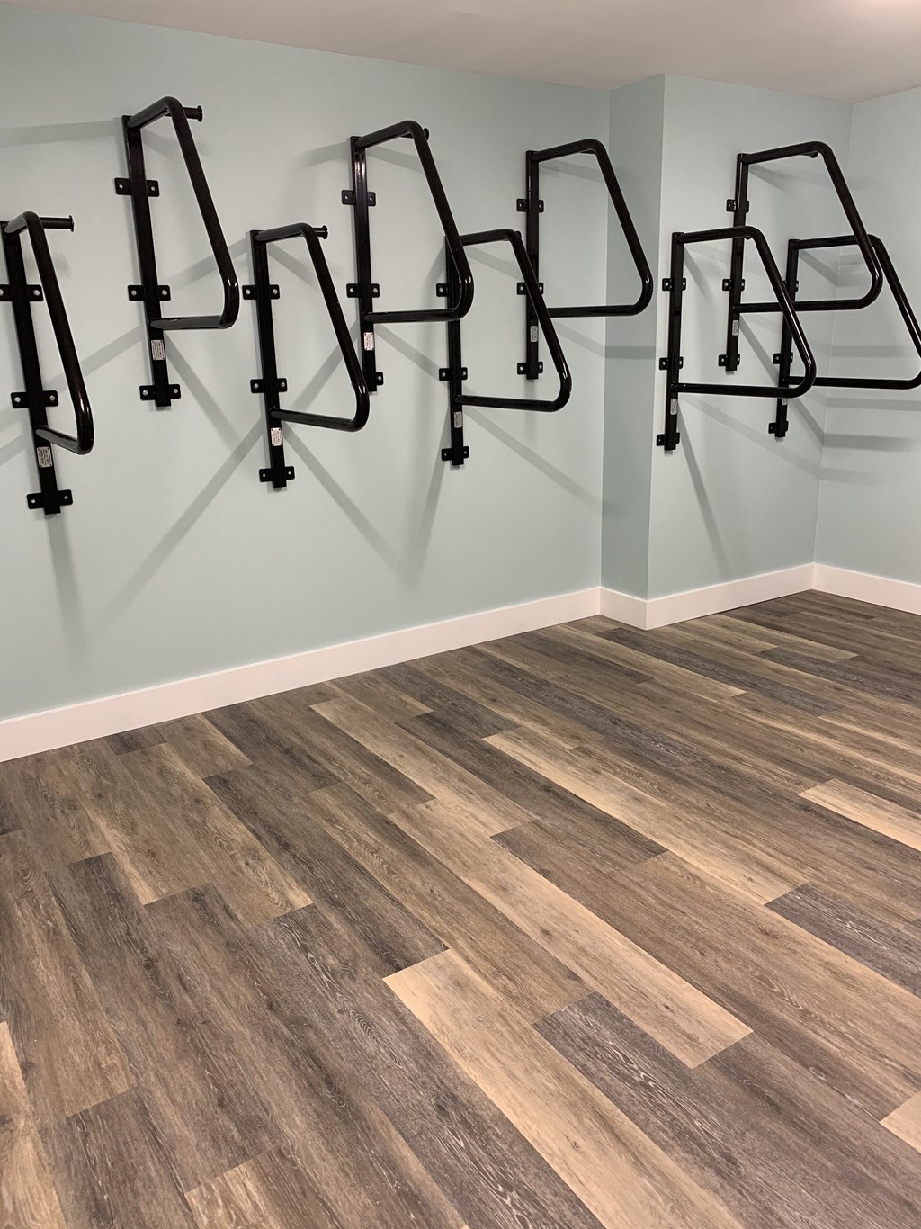 Bike Storage Room with Bike Racks Mounted to the Blue Walls with a Hard Wood Inspired Floor