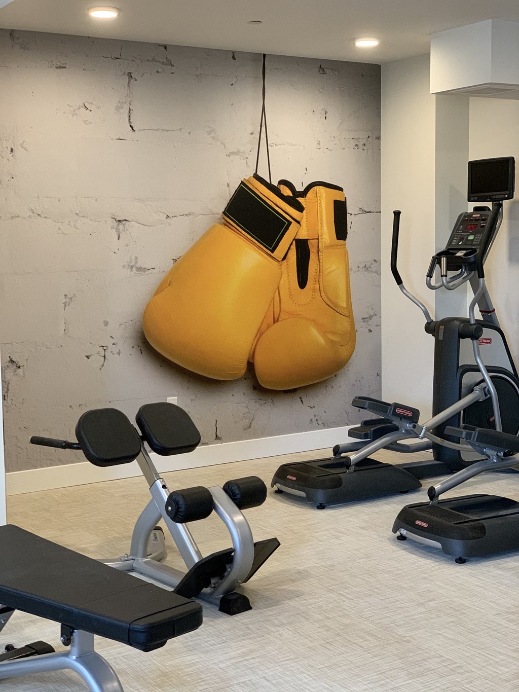 Fitness Center with Elliptical, Situp Station, and Giant Yellow Boxing Gloves Painted on the Wall