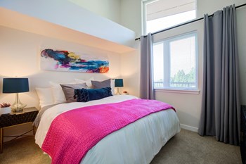 Bedroom Bedroom with Wide Bed, Pink Blanket, White Comforter, Carpet, Open Window and Curtains - Photo Gallery 4