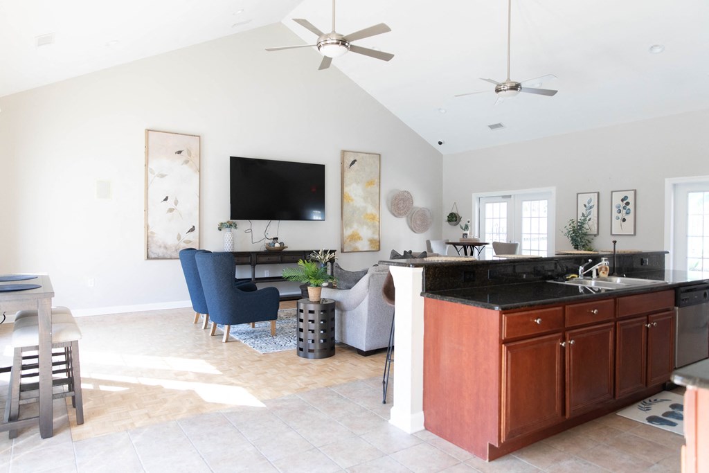 a living room with a kitchen and a tv