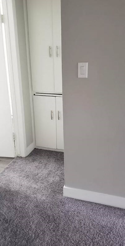 a gray carpeted room with a refrigerator and a door