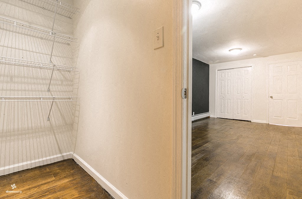 a bedroom with a large closet and a door to a closet