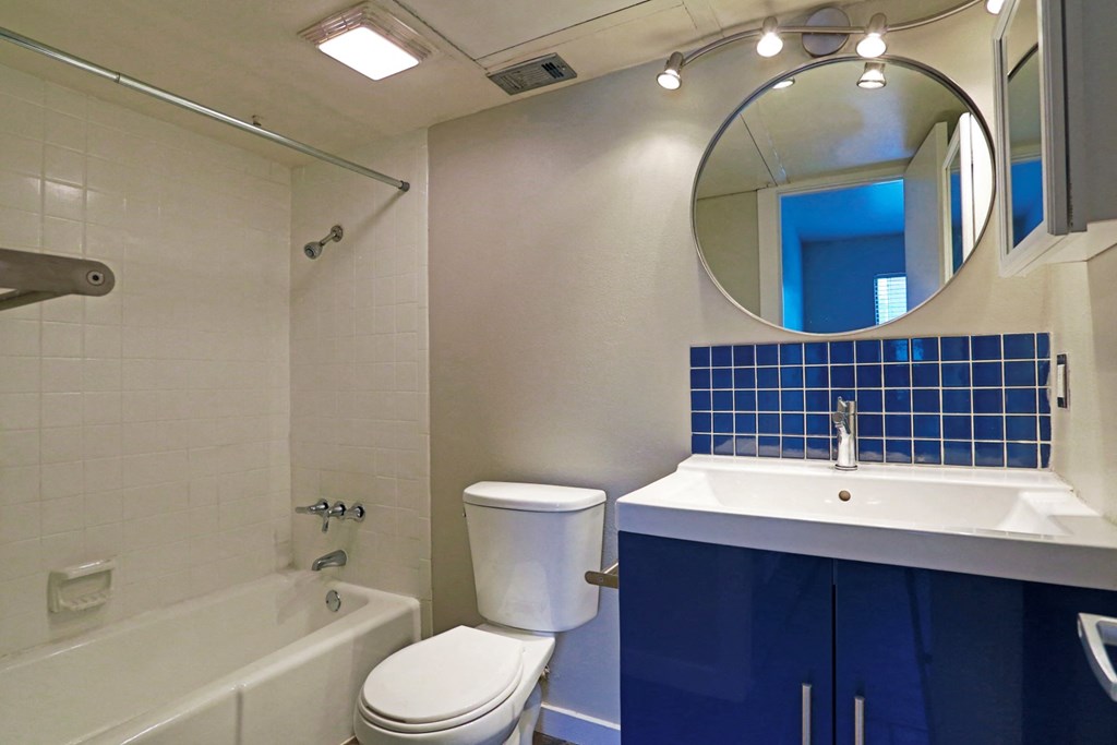 blue cabinet in restroom