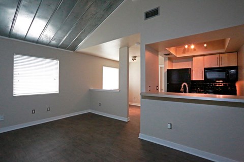 an empty living room with a kitchen and a sink