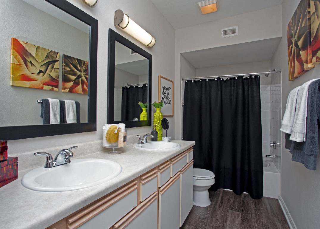 Bathroom With Storage at Saddle Creek Apartments, Austin, 78748