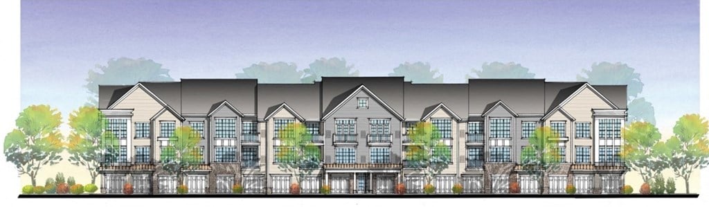 a rendering of a row of houses with trees in front of them