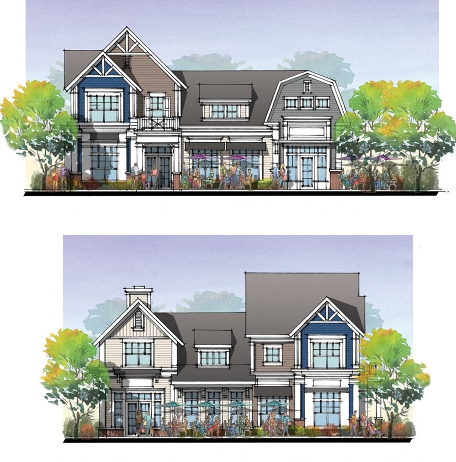 two views of a house with trees in front of it