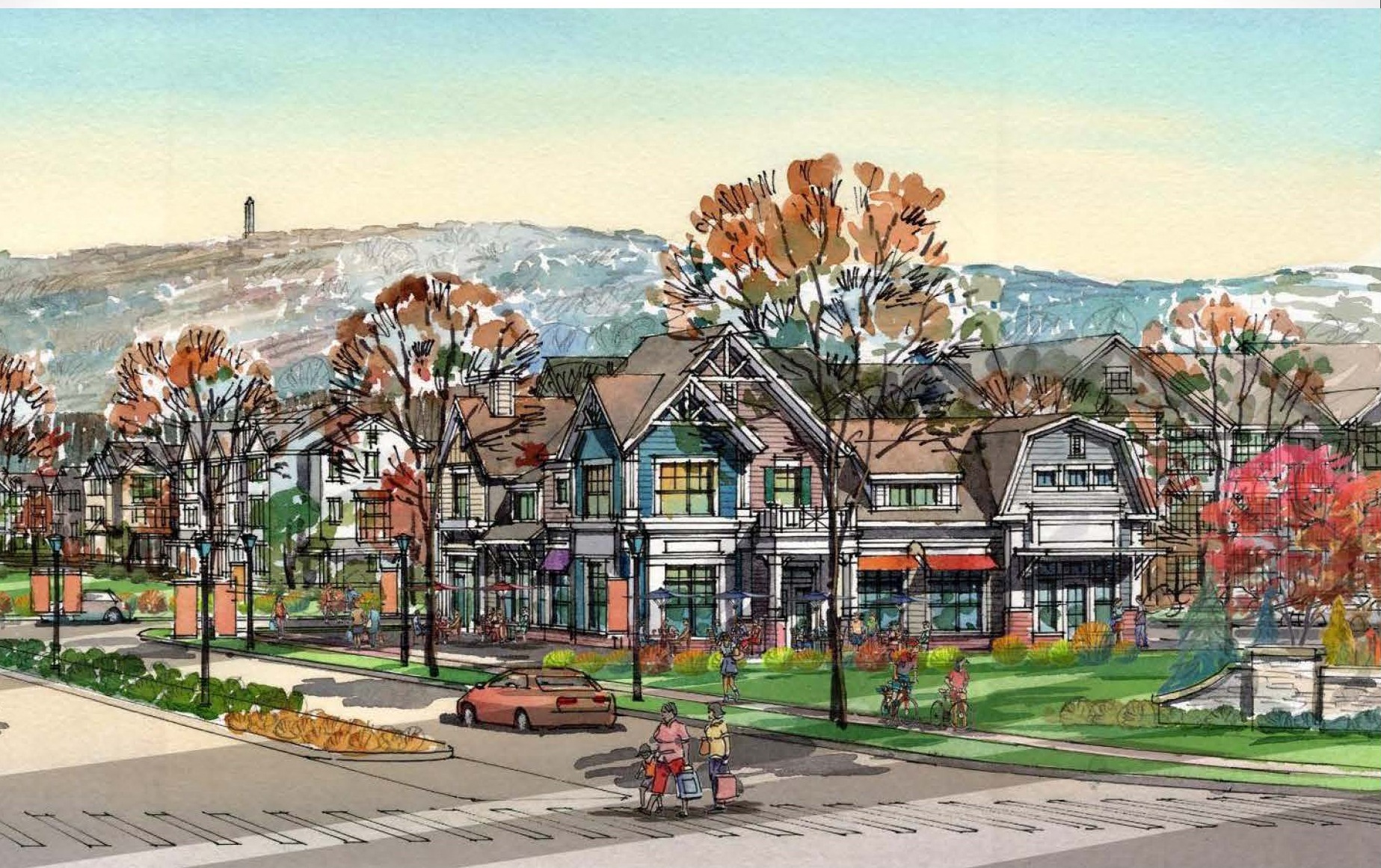 a painting of a city street with houses and mountains in the background