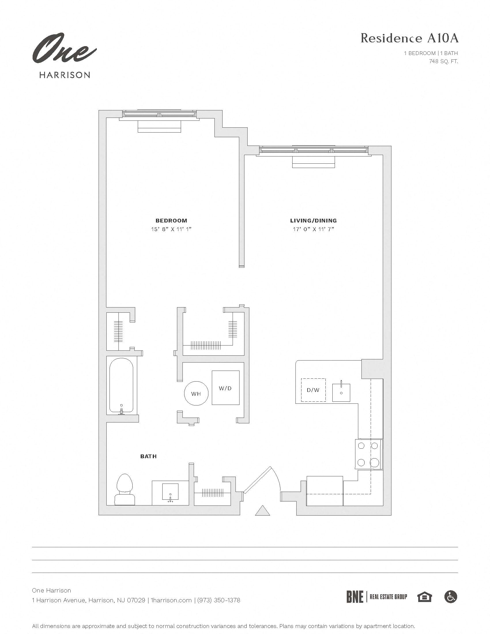 Residence A10A 1 Bedroom 1 Bathroom Floor Plan at One Harrison, Harrison, New Jersey