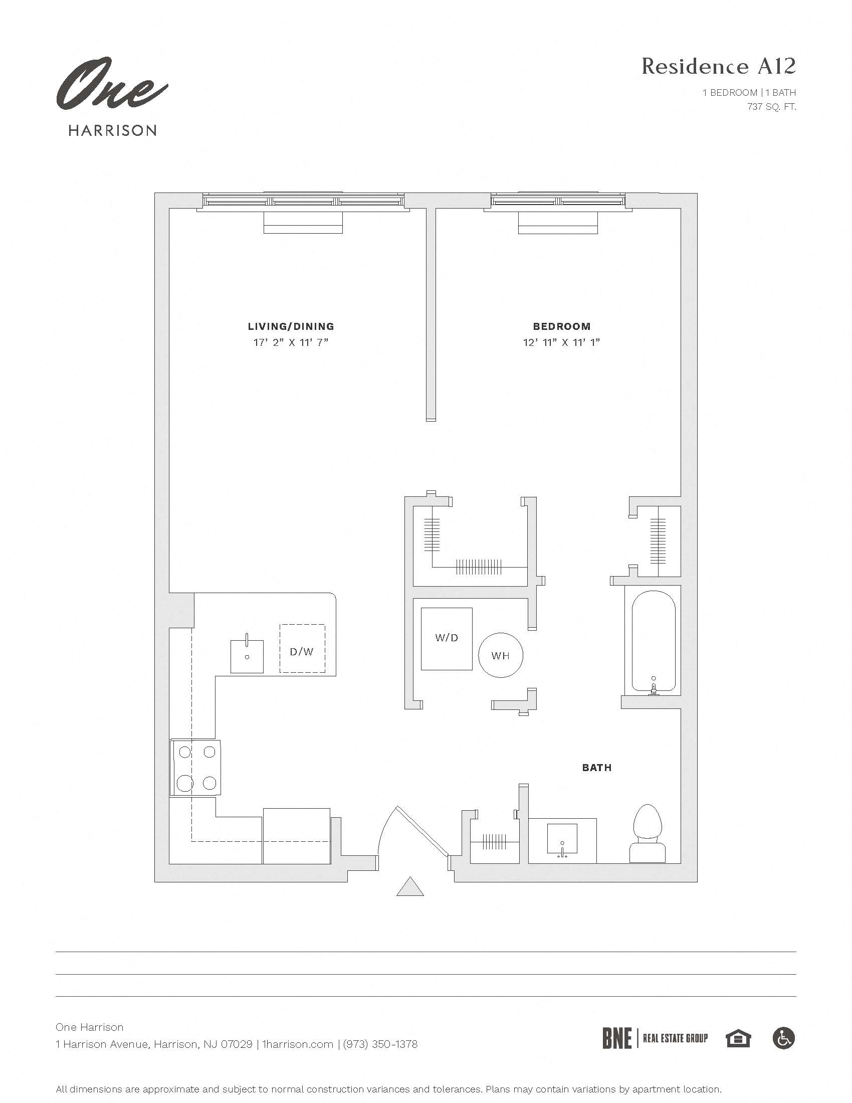 Residence A12 1 Bedroom 1 Bathroom Floor Plan at One Harrison, New Jersey