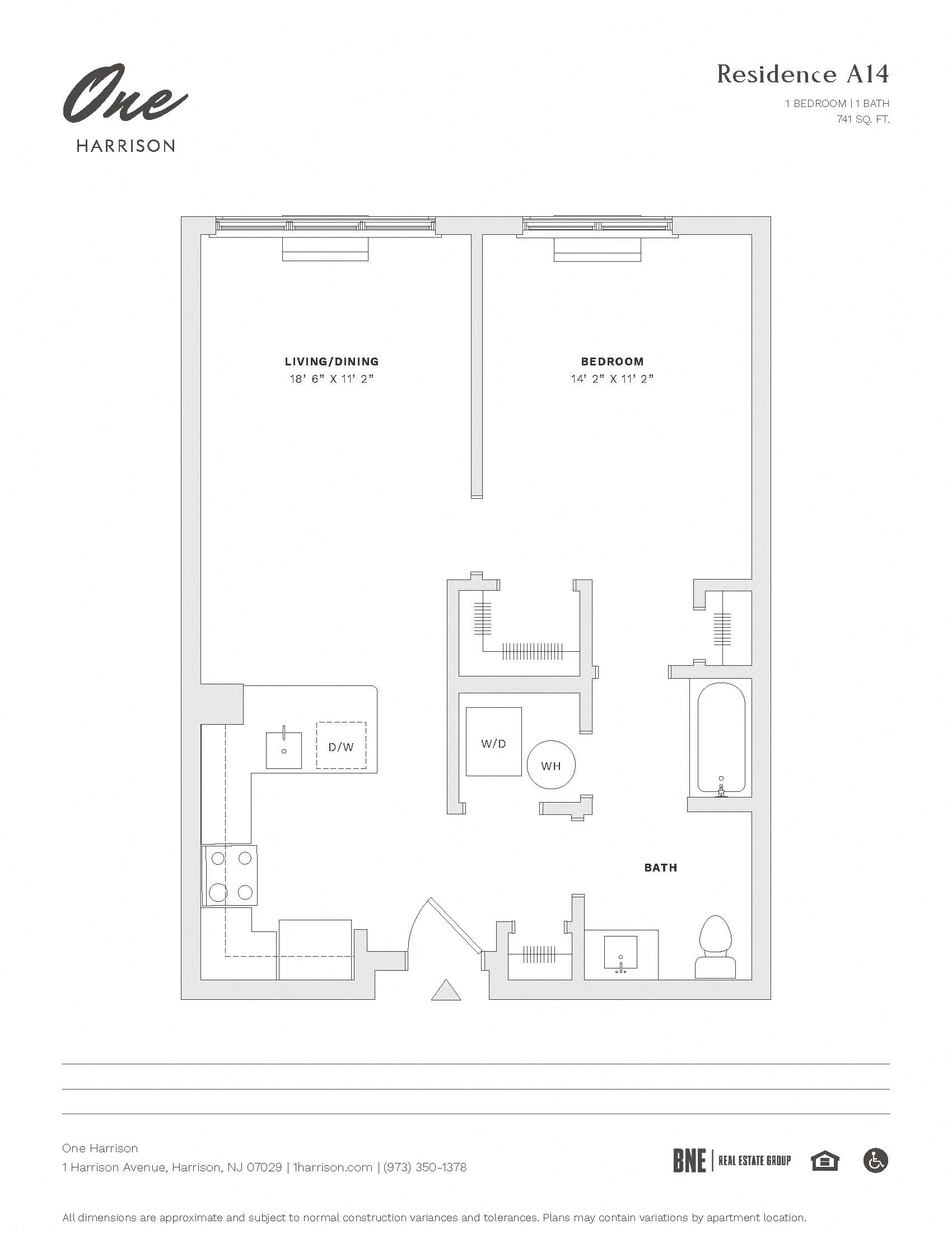 Residence A14 1 Bedroom 1 Bath Floor Plan at One Harrison, Harrison, NJ
