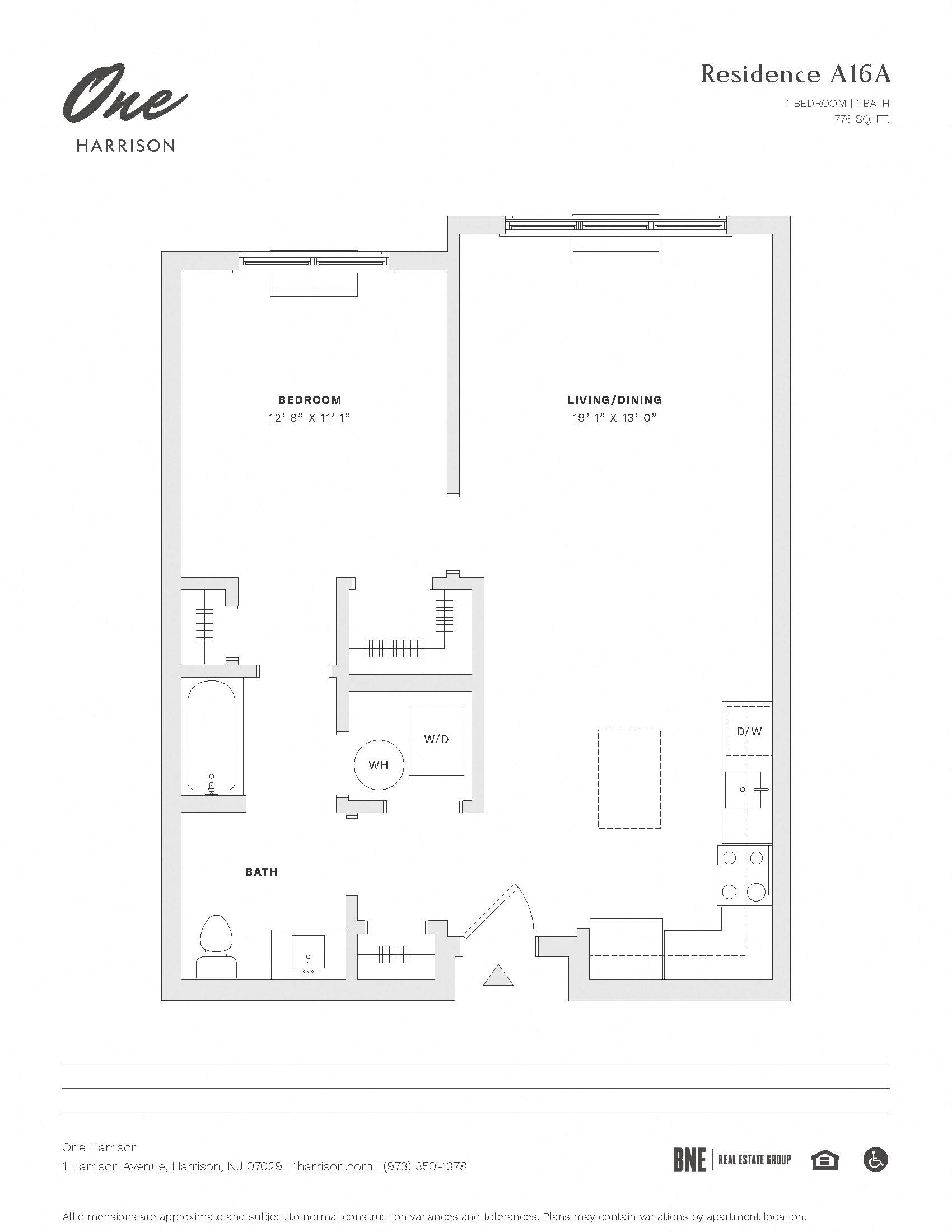 Residence A16A 1 Bed 1 Bath Floor Plan at One Harrison, New Jersey, 07029