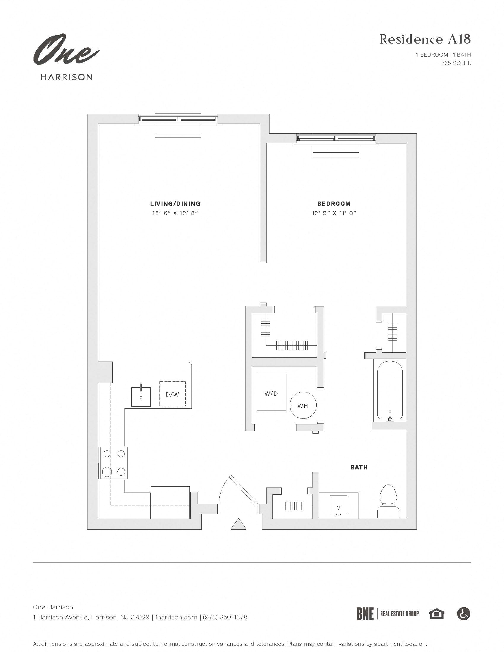 Residence A18 1 Bed 1 Bath Floor Plan at One Harrison, Harrison, 07029
