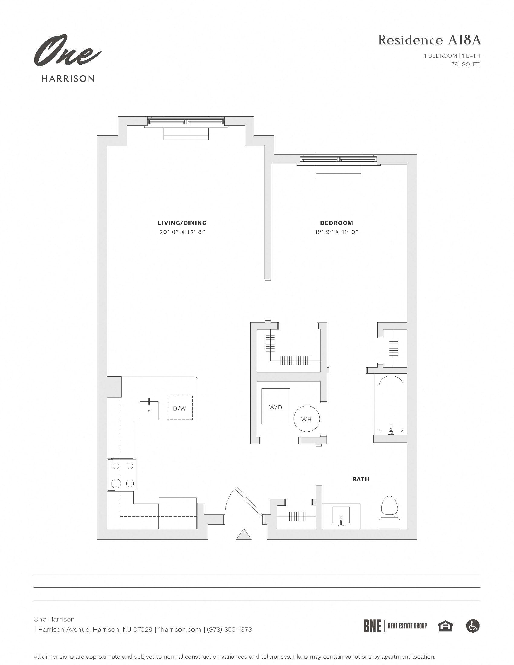 Residence A18A 1 Bed 1 Bath Floor Plan at One Harrison, Harrison, New Jersey