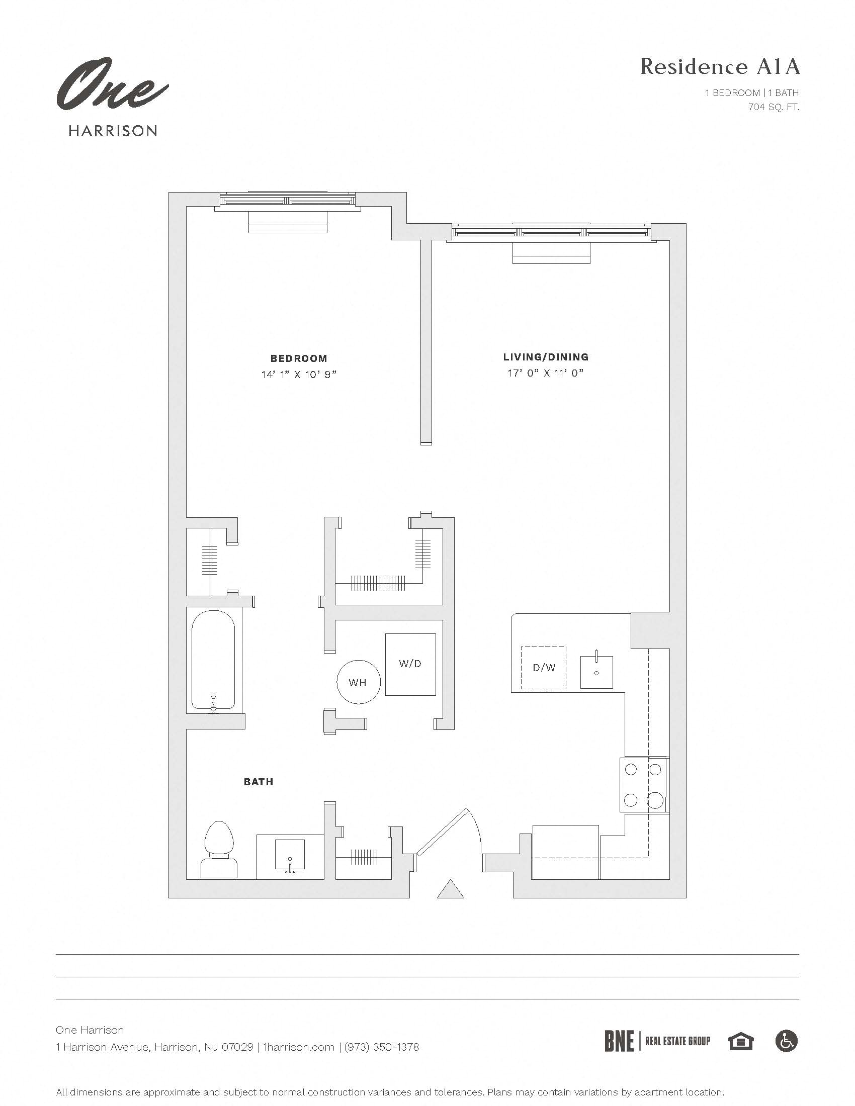 1 Bedroom 1 Bath Floor Plan at One Harrison, Harrison, 07029