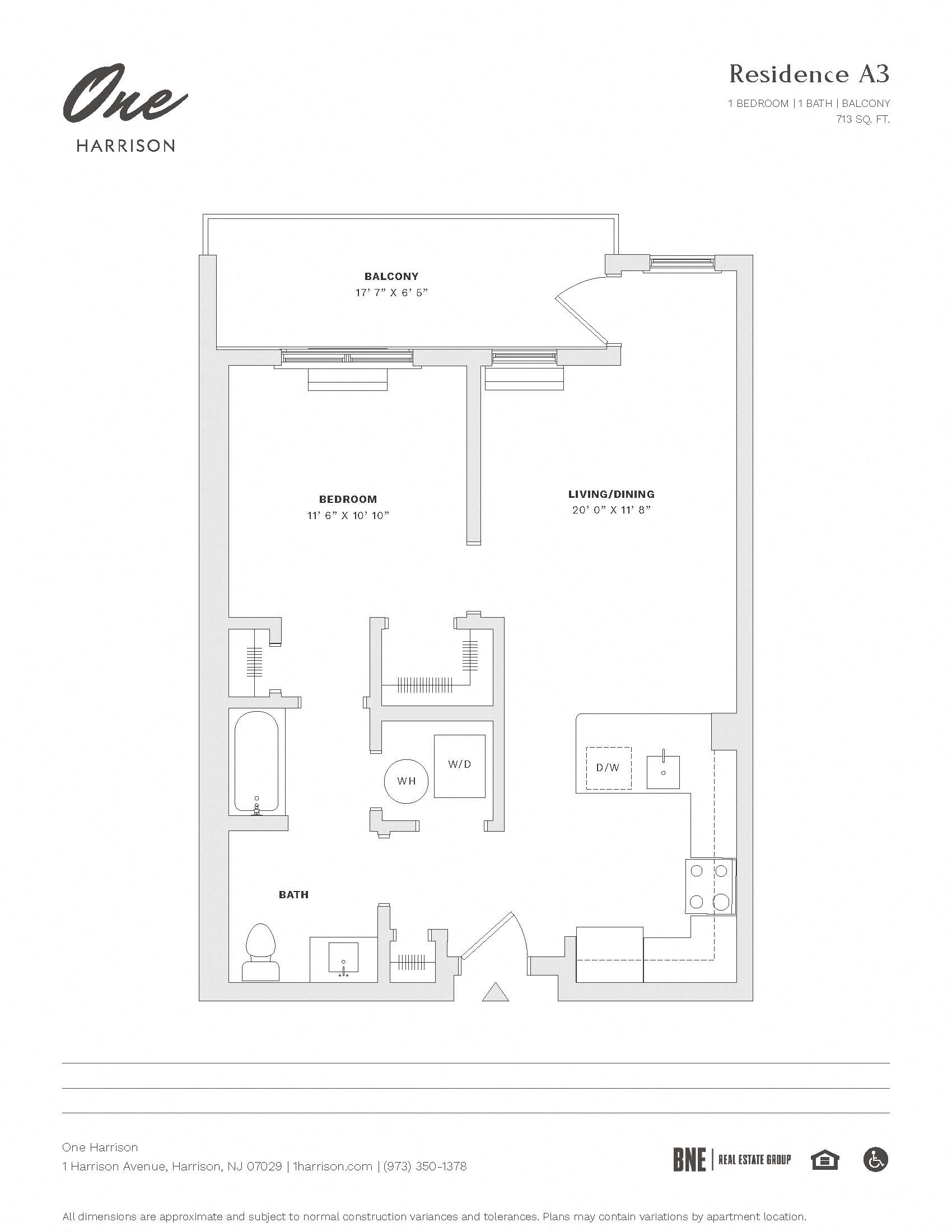 Residence A3 1 Bedroom 1 Bath Floor Plan at One Harrison, New Jersey