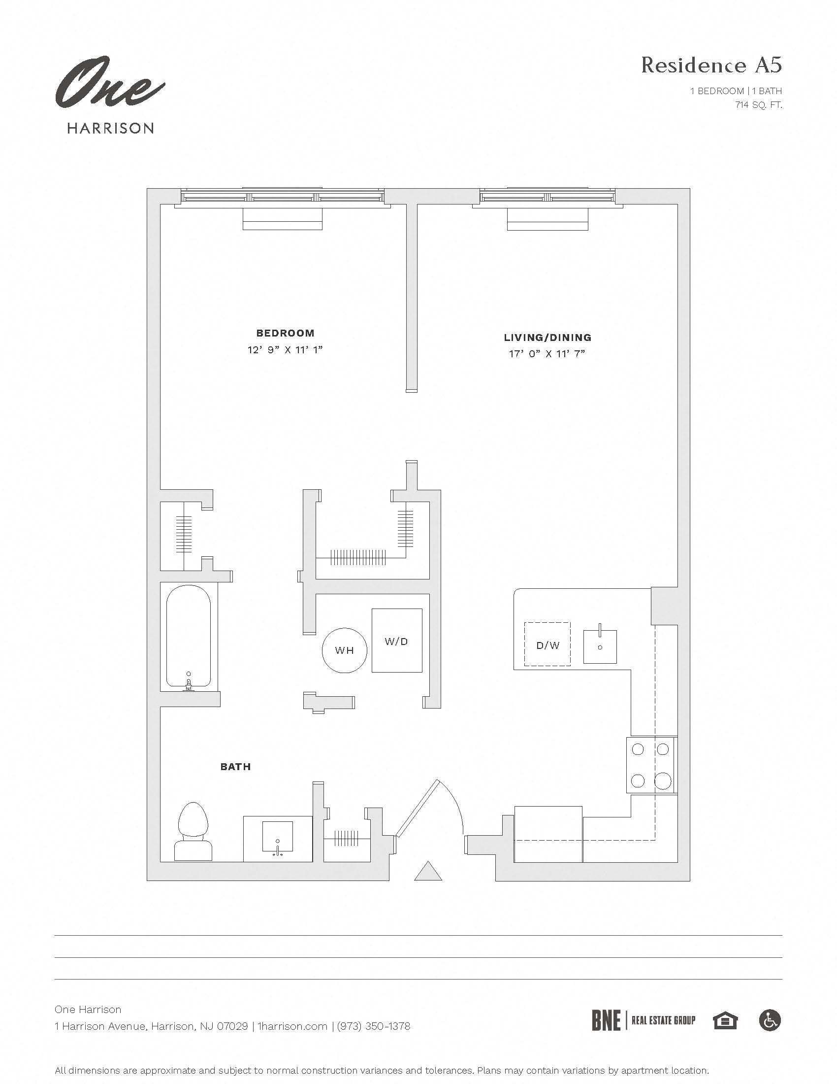 Residence A5 1 Bed 1 Bath Floor Plan at One Harrison, Harrison, NJ