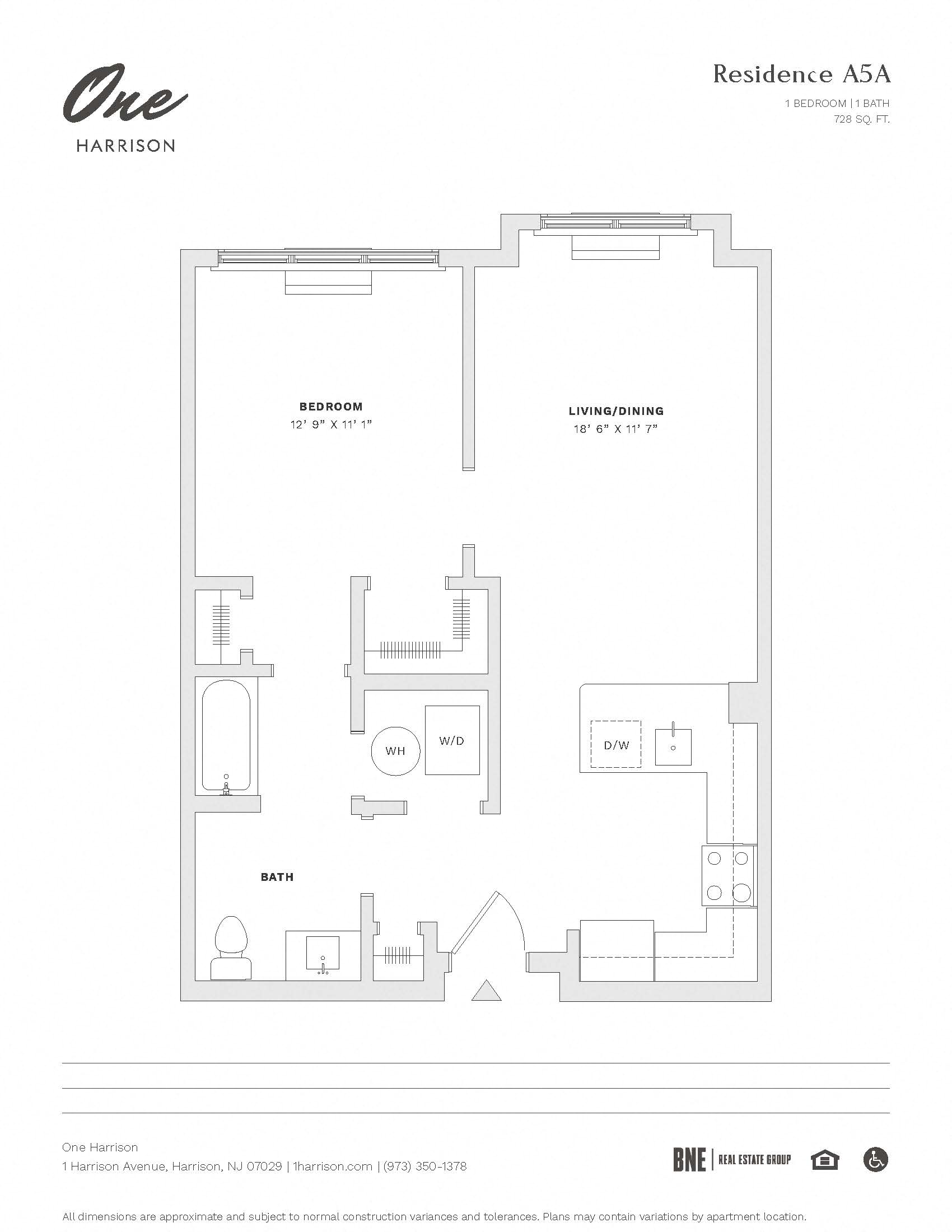 Residence A5A 1 Bed 1 Bath Floor Plan at One Harrison, Harrison, 07029
