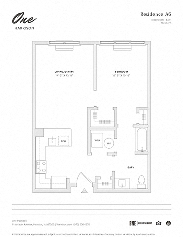 Residence A6 1 Bed 1 Bath Floor Plan at One Harrison, Harrison, New Jersey