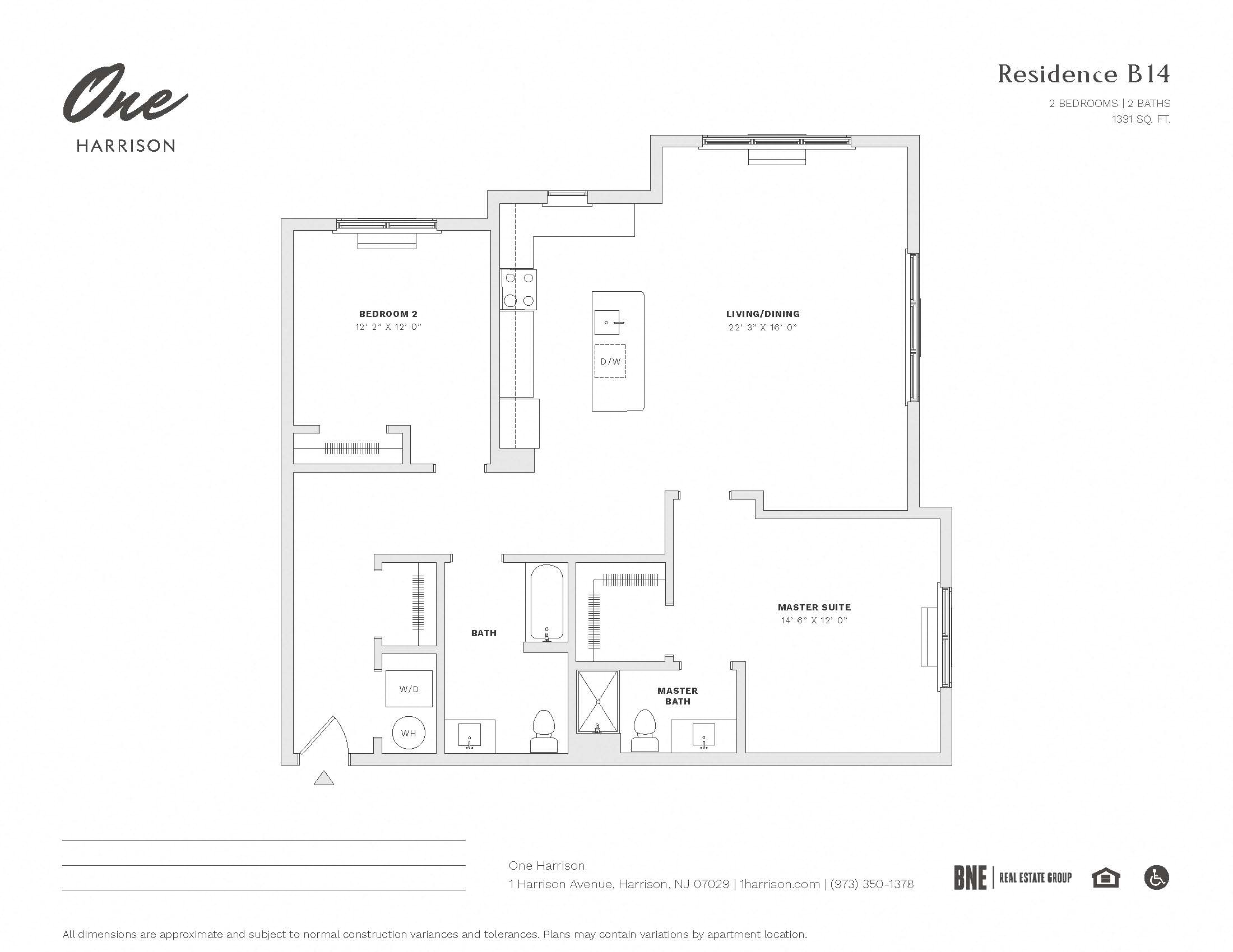Residence B14 2 Bed 2 Bath Floor Plan at One Harrison, Harrison