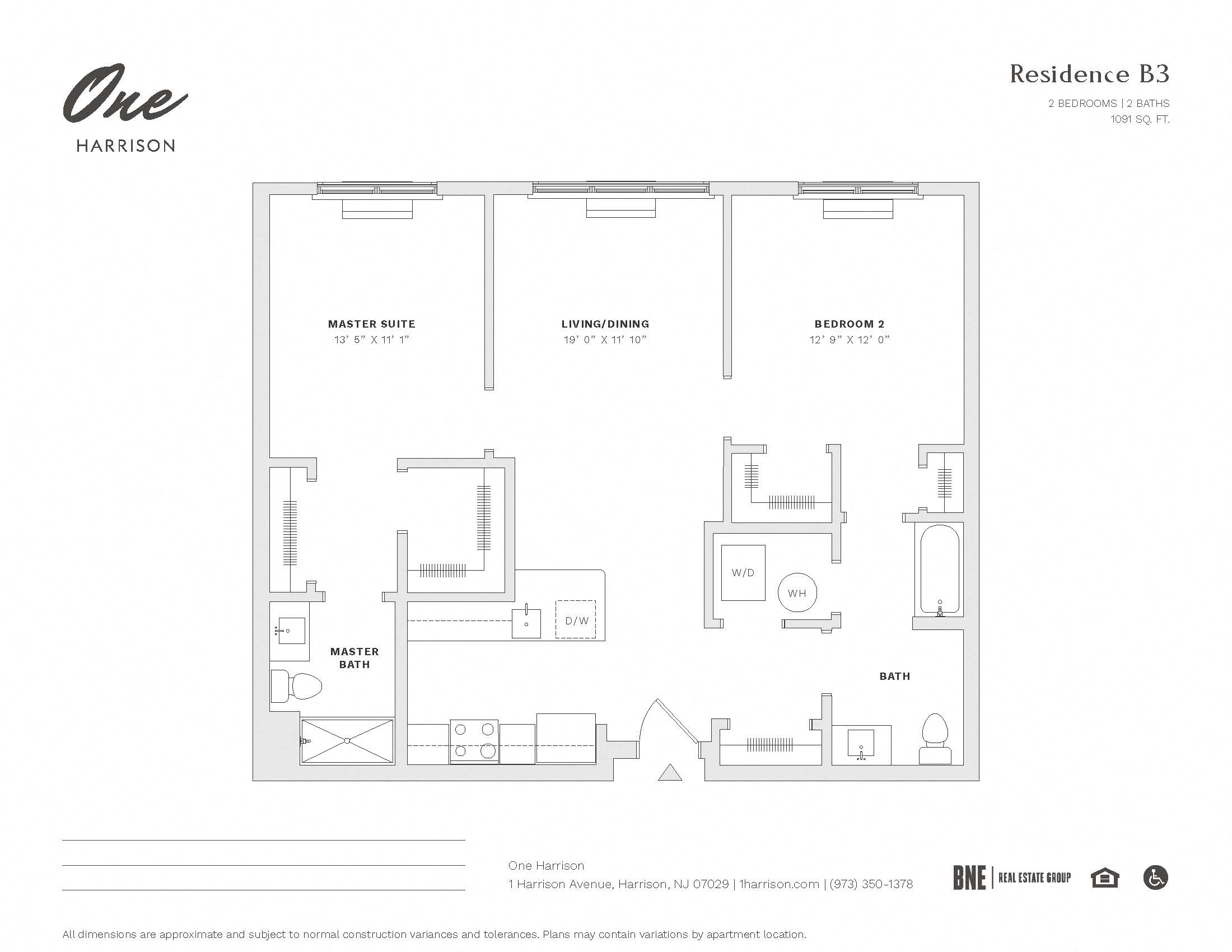 Residence B3 2 Bed 2 Bath Floor Plan at One Harrison, Harrison