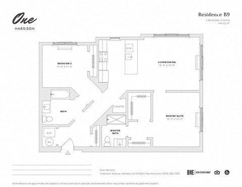 Residence B9 2 Bed 2 Bath Floor Plan at One Harrison, Harrison, NJ, 07029