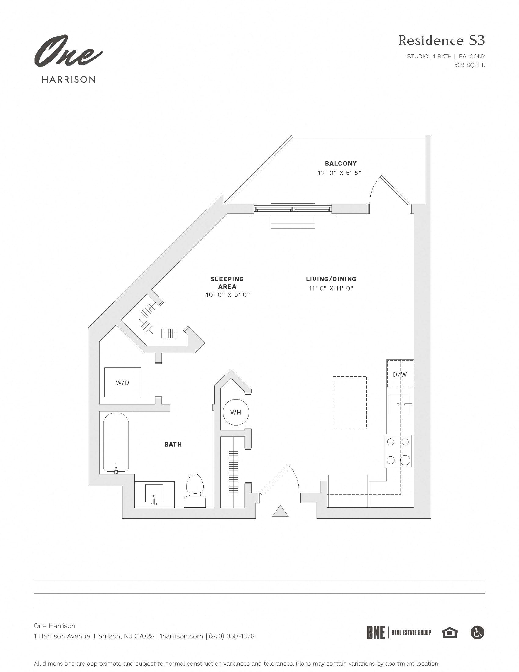 0 Bed 1 Bath Floor Plan at One Harrison, Harrison, NJ, 07029