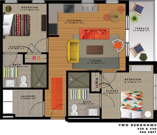 2 Bedrooms, 2 Bathrooms