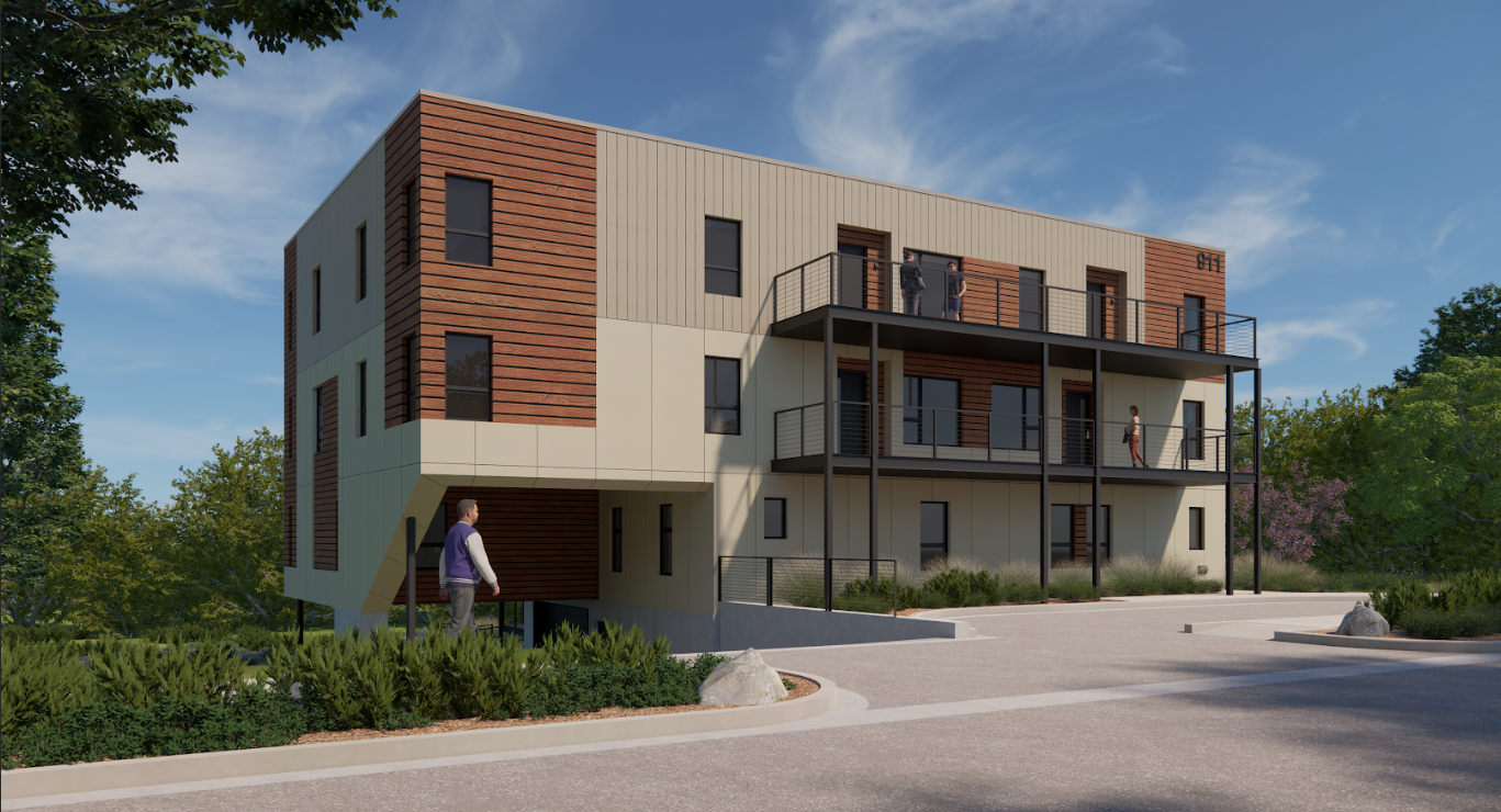 a rendering of a three story apartment building with a man walking in front of it