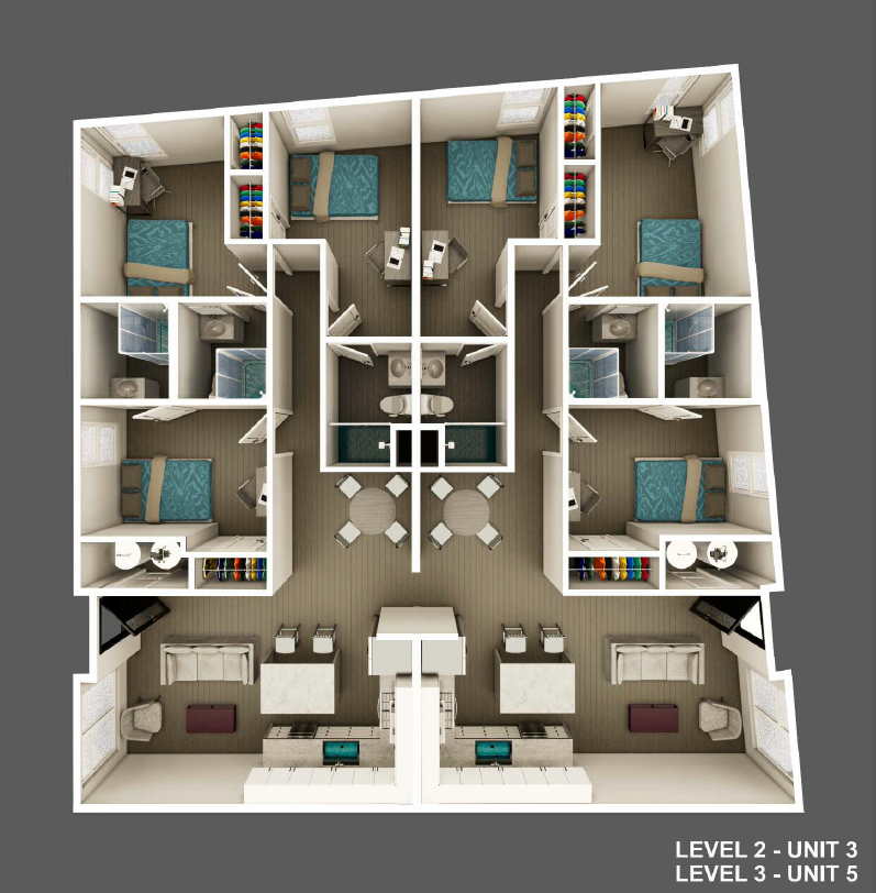 a 3d floor plan of a 3 bedroom apartment