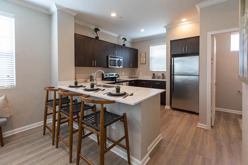 a kitchen with a island and three bar stools
