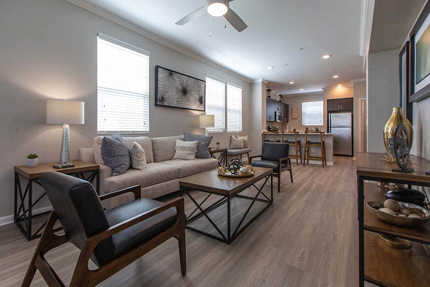 a living room with a couch and a table