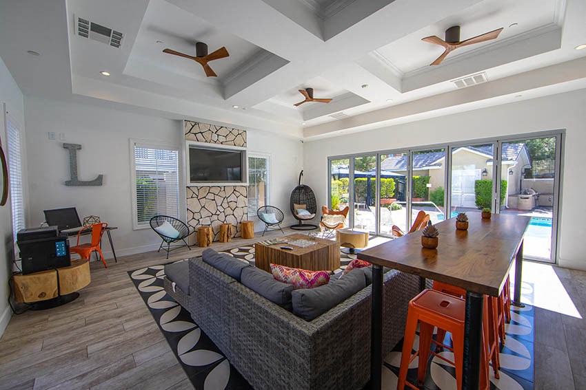 a living room with a couch and a table