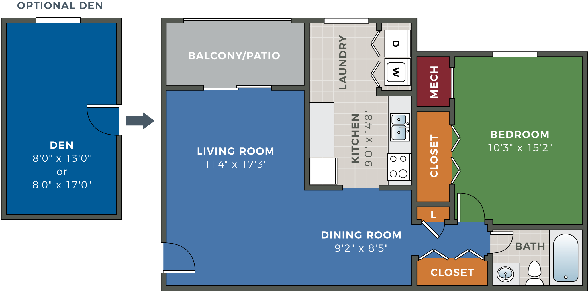CopperCroft 1 Bedroom 1 Bath with Optional Den Floor Plan CopperCroft 1 Bedroom 1 Bath with Optional Den Floor Plan at Hethwood Apartment Homes, Blacksburg